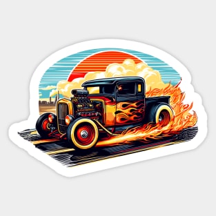 Retro Rat Rod Truck Sunset Flames Classic Hot Rod Pickup Sticker